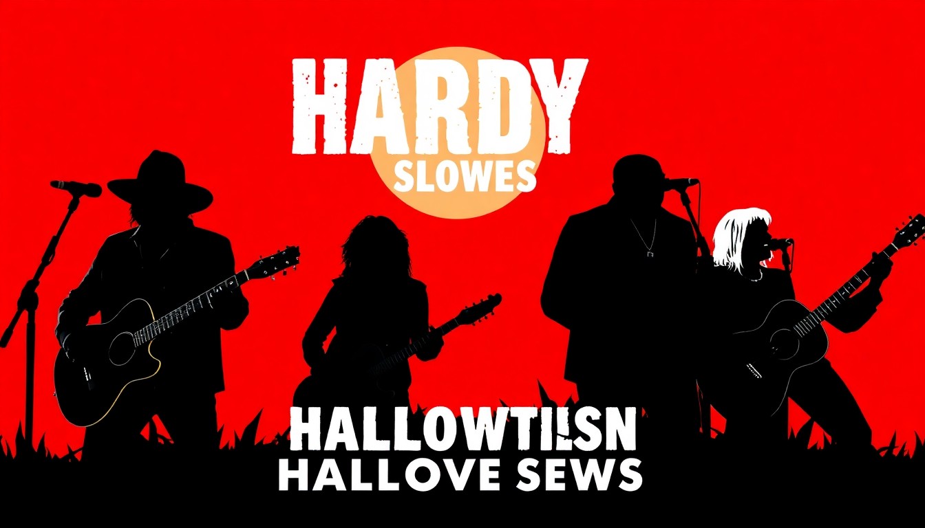 A striking, minimalist illustration featuring bold, jagged black silhouettes of country music artists against a dramatic red and black background, conceptually representing the energy and excitement of HARDY's Halloween shows.