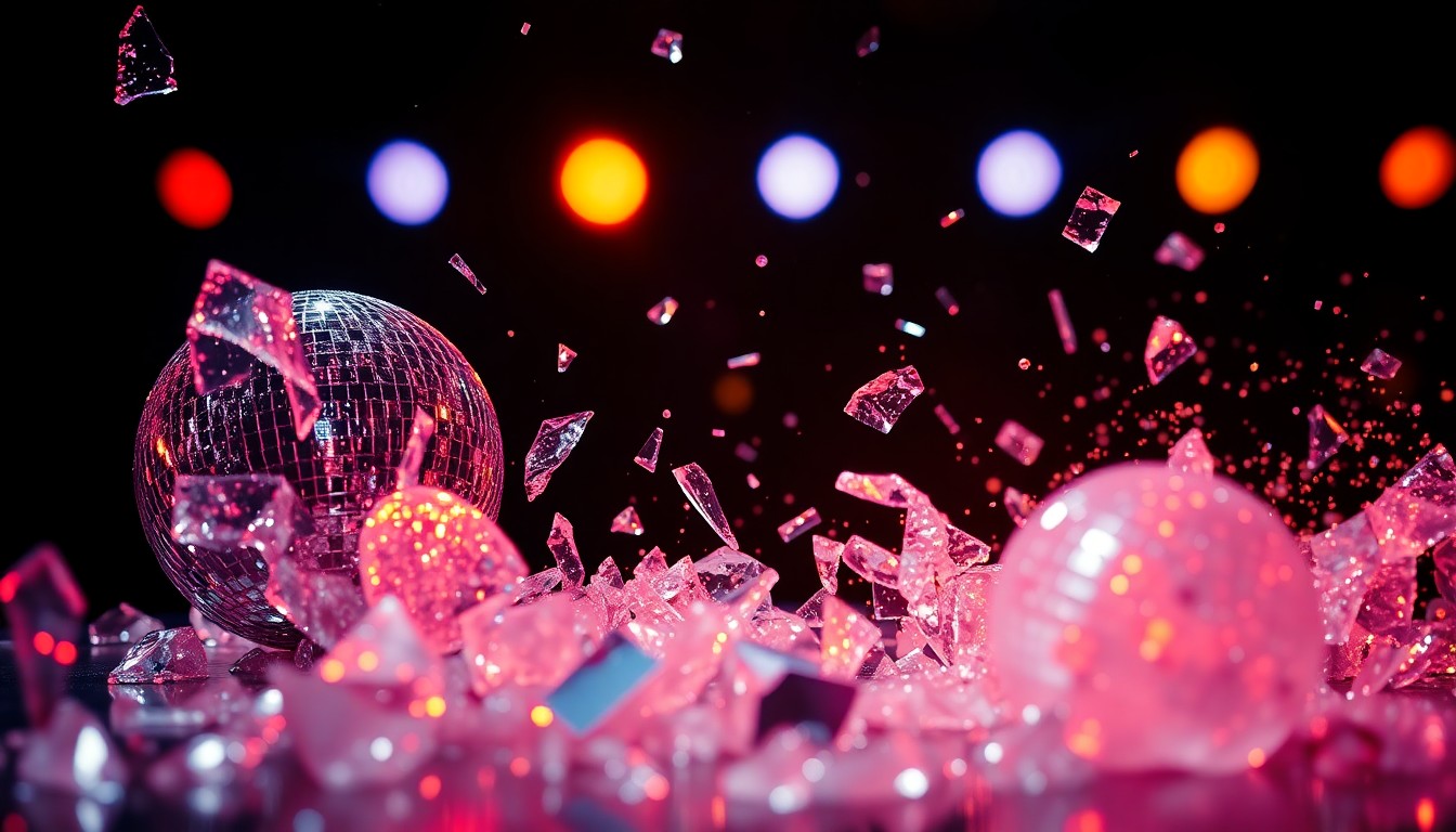 An extreme close-up photograph of shattered glass and glittering disco ball fragments, reflecting bright stage lights in a high-contrast, high-fashion style that captures the glamour and energy of a major concert event.