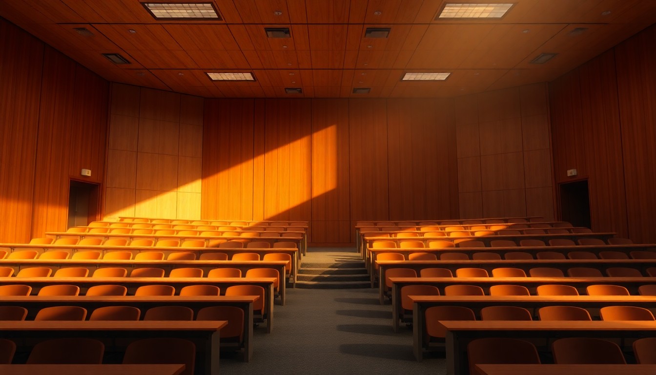 A quiet, cinematic painting of an empty university lecture hall filled with warm, diagonal sunlight and deep shadows, conceptually representing the uncertainty surrounding academic tenure in Alabama.