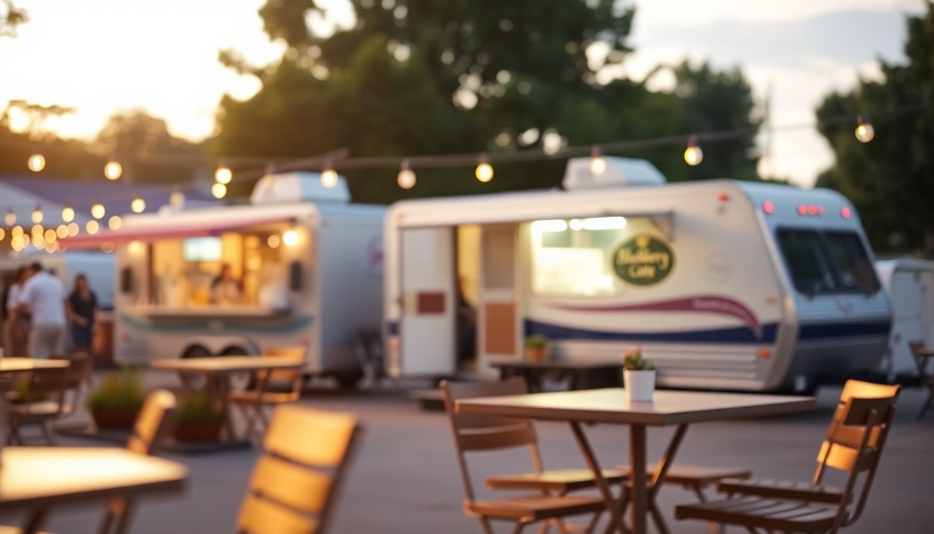 A blurred, impressionistic photograph in warm, earthy tones depicting the cozy, inviting atmosphere of an outdoor food trailer lot, with a food trailer visible in the background.