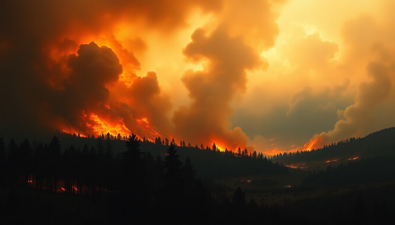 A sweeping, atmospheric landscape painting in muted earth tones, with billowing plumes of smoke obscuring the horizon and charred tree silhouettes in the foreground, conveying the raw, destructive energy of a wildfire.