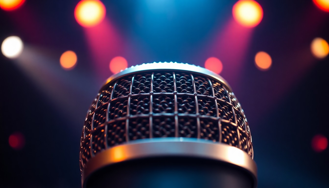 An extreme close-up of a metallic microphone grill, the textured surface reflecting dramatic studio lighting in a high-contrast, glamorous composition that evokes the energy and drama of a reality TV music competition.