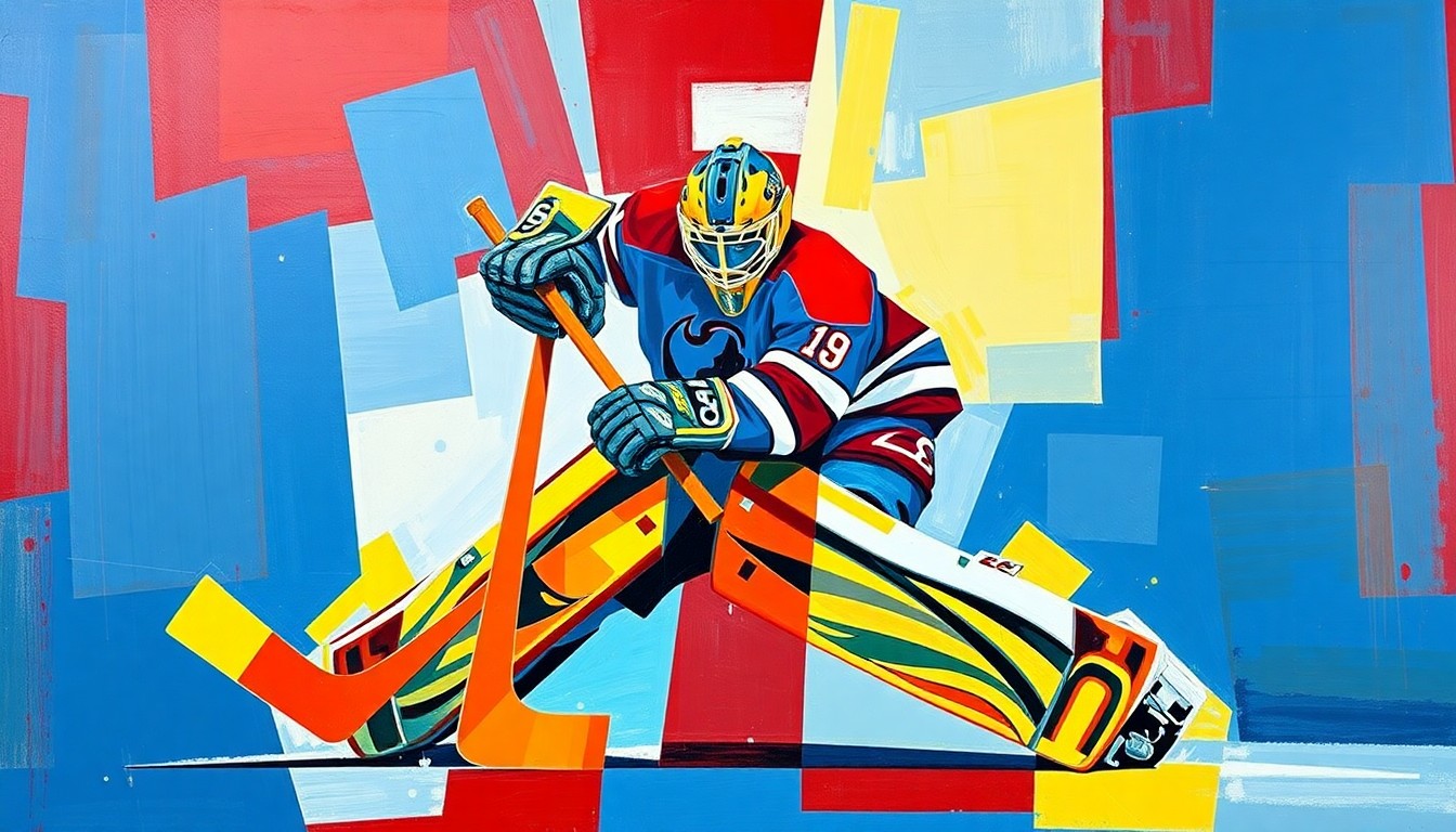 A cubist-style painting depicting a hockey goaltender making a save, with the figure broken down into sharp, overlapping geometric shapes in vibrant colors of red, blue, and yellow.