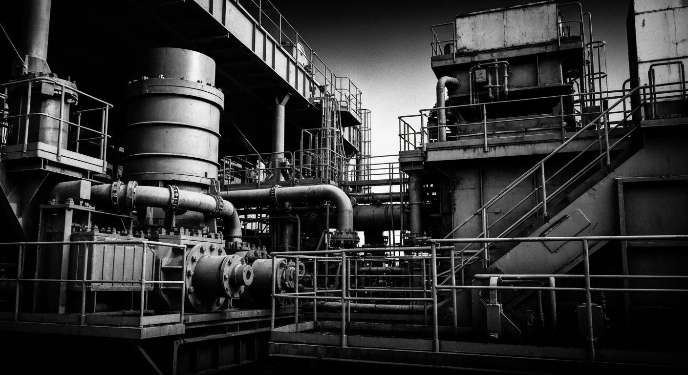 A high-contrast, black-and-white close-up image of heavy industrial machinery and equipment used in the production of rare earth metals, conveying a sense of scale, power, and technical complexity.