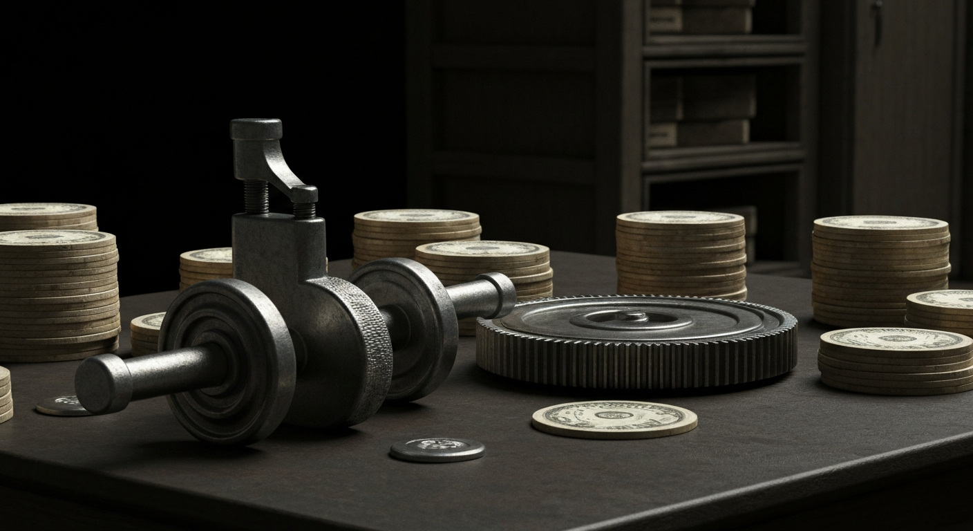 An extreme close-up of gears, levers, and other industrial banking machinery, conveying a sense of financial security and institutional power through a highly textured, cinematic visual style.