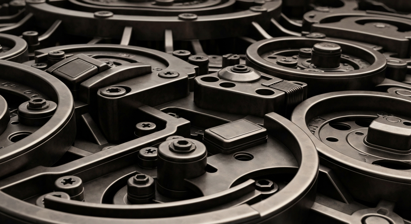 An extreme close-up of complex, interlocking metal gears and machinery in shades of grey, bronze, and black, conceptually representing the intricate financial mechanics behind the surge in put option trading on Bio-Techne.