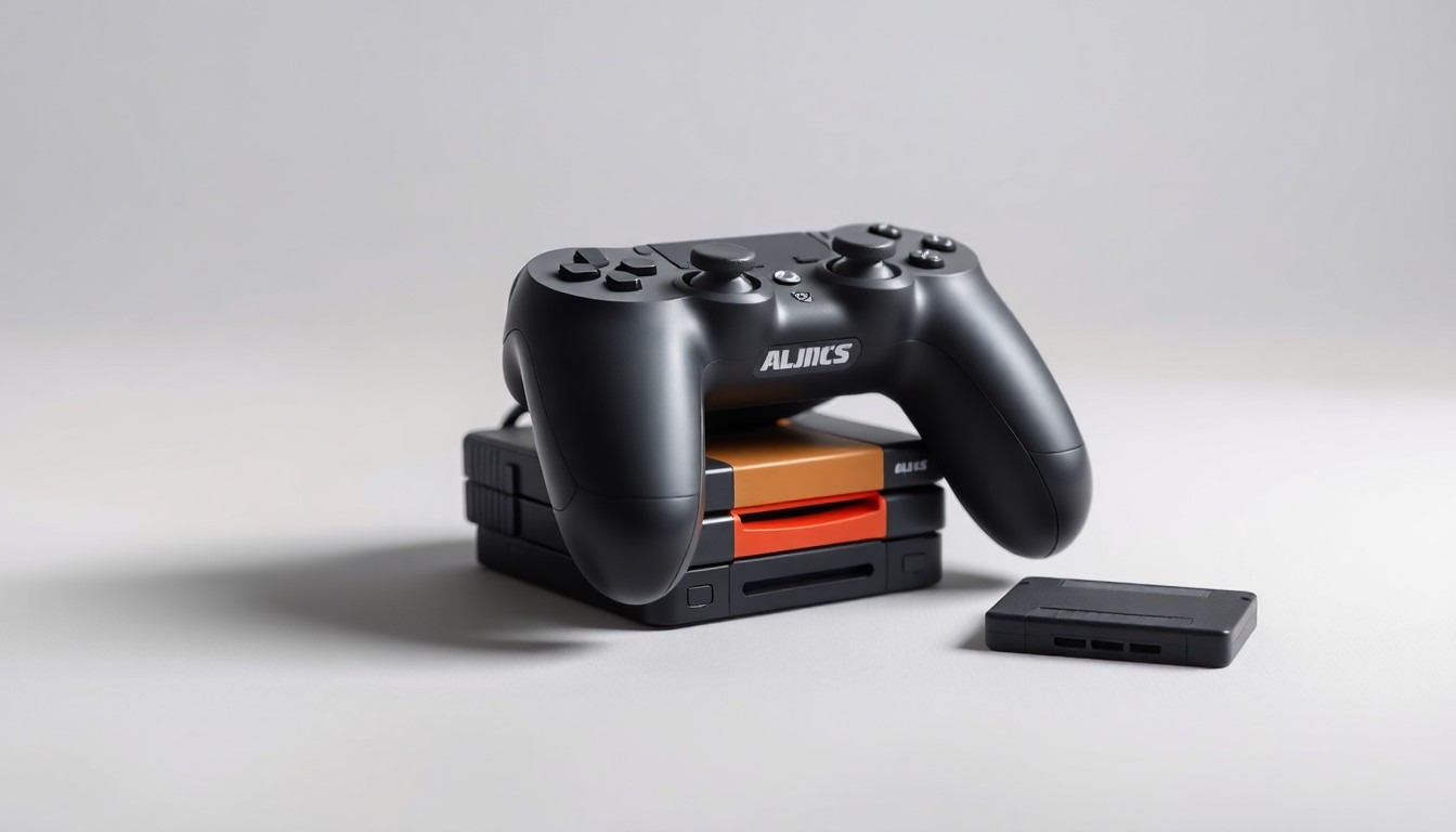 A photorealistic studio still-life photograph featuring a stack of video game controllers and a game cartridge arranged elegantly on a clean, monochromatic background, conceptually representing the abstract financial trends and market activity surrounding the video game industry.