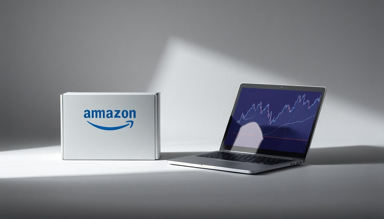 A photorealistic studio still life featuring a metallic Amazon Prime box, a laptop, and a stylized stock market graph, all arranged elegantly on a clean, monochromatic background with dramatic lighting and shadows to conceptually represent Amazon's corporate strategy and financial performance.