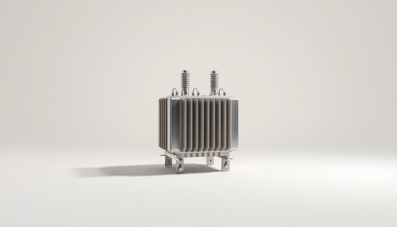 A photorealistic studio still-life image of a polished, metallic electrical transformer or substation component floating on a clean, monochromatic background, dramatically lit to symbolize the reliable power grid supporting Silicon Valley's tech industry.