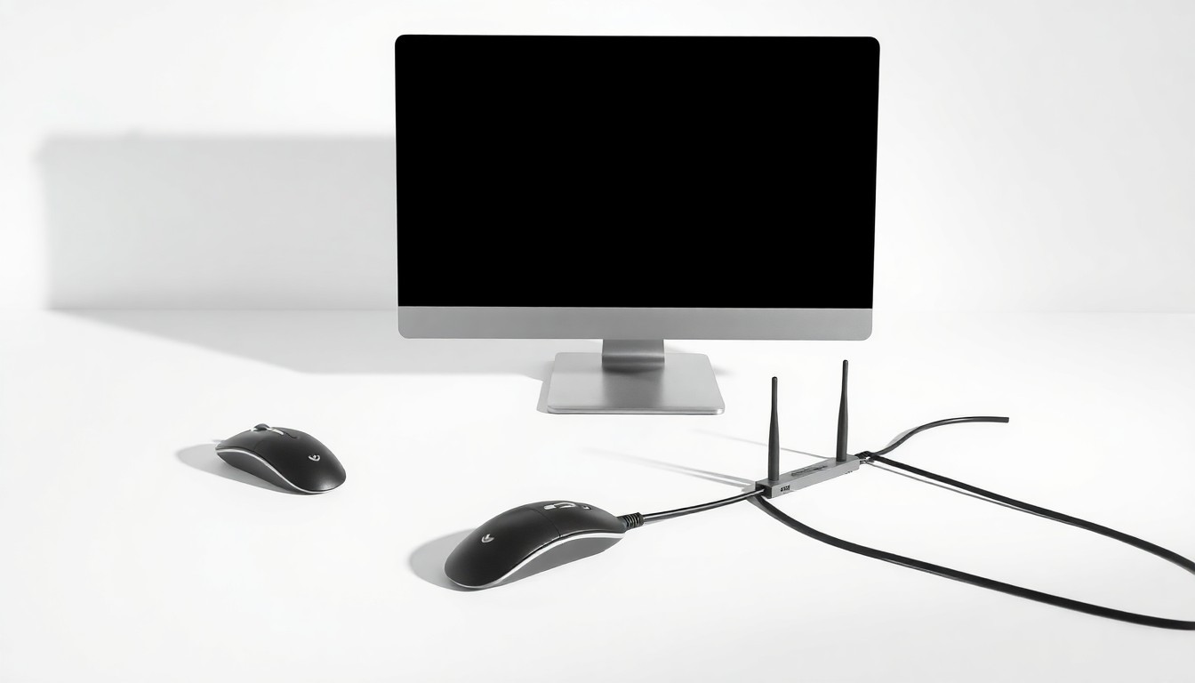 A photorealistic studio still life featuring a sleek desktop computer, wireless mouse, and network router cable arranged elegantly on a clean white background, conceptually representing the technology infrastructure and IT support services.