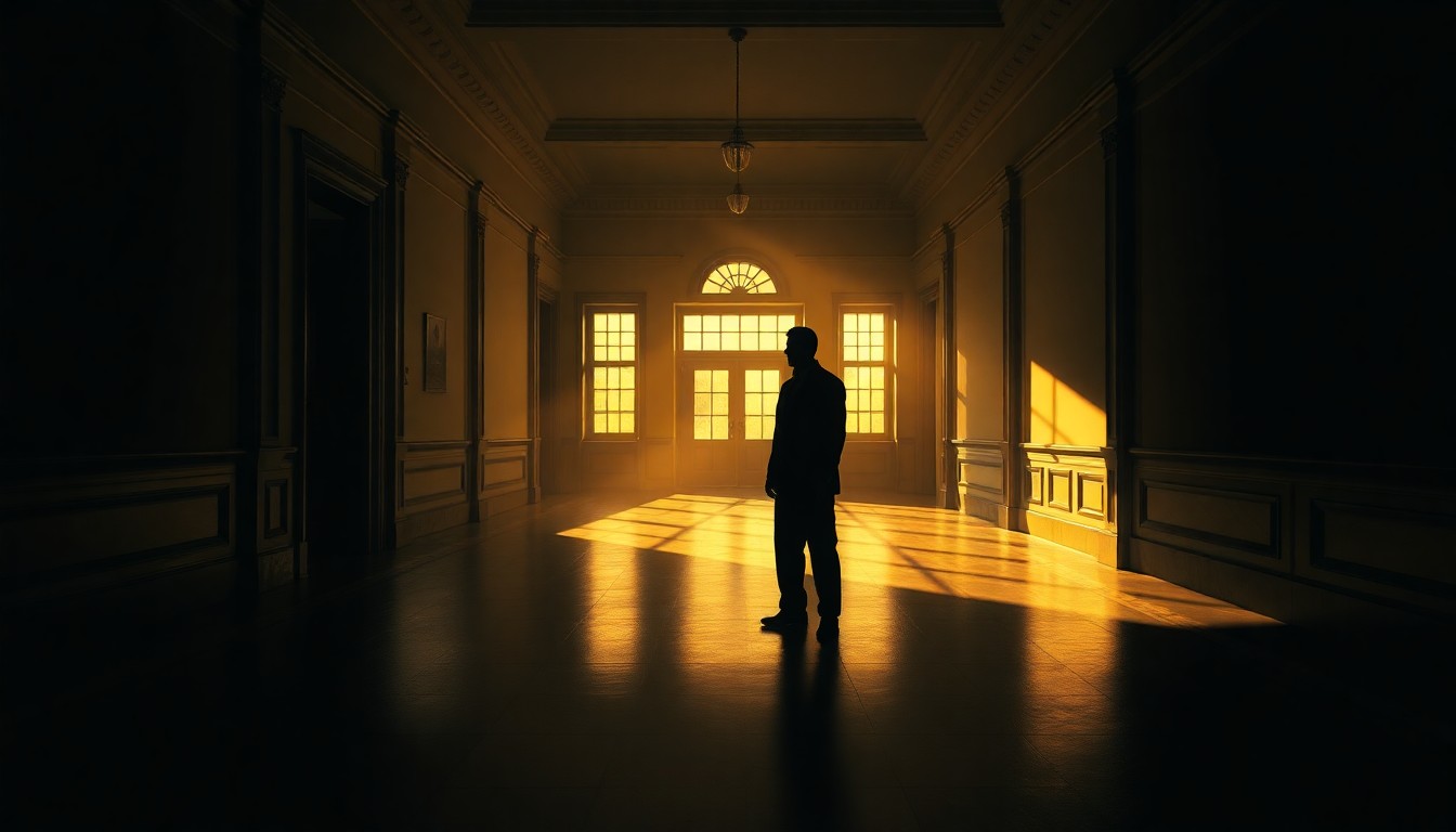 A cinematic, moody painting of a solitary figure standing alone in a dimly lit government building hallway, with warm, diagonal sunlight streaming through the windows and deep shadows cast across the floor, conceptually representing the tangled web of allegations and controversies surrounding the First Lady and the Trump administration.