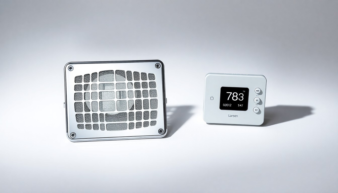 A photorealistic studio still life featuring a polished chrome HVAC vent cover and a modern thermostat panel, conveying the precision and reliability of Larsen HVAC & Plumbing's services.