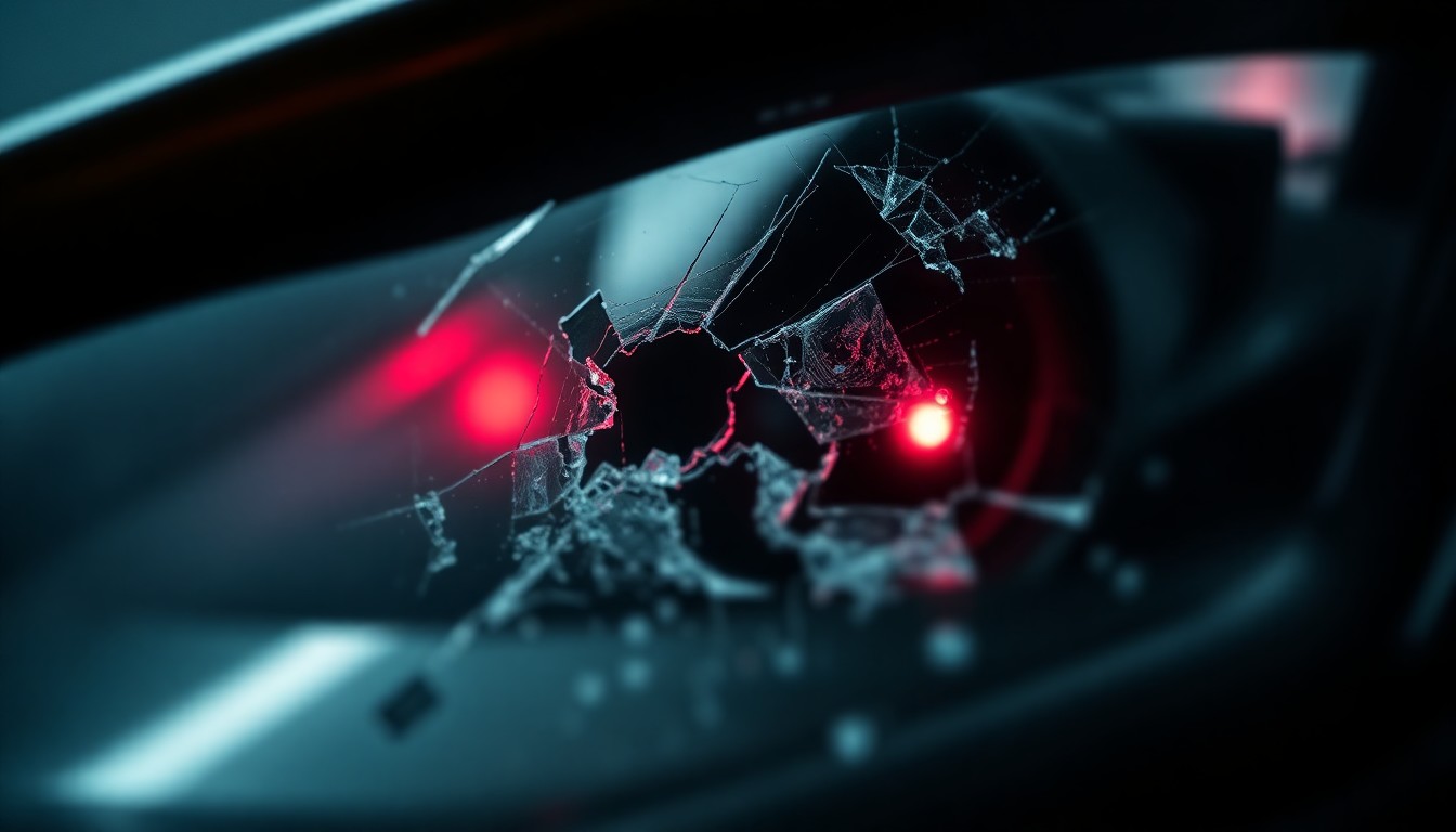 An extreme close-up of a shattered car sensor lens reflecting a faint red light, conceptually illustrating the vandalism of self-driving cars.