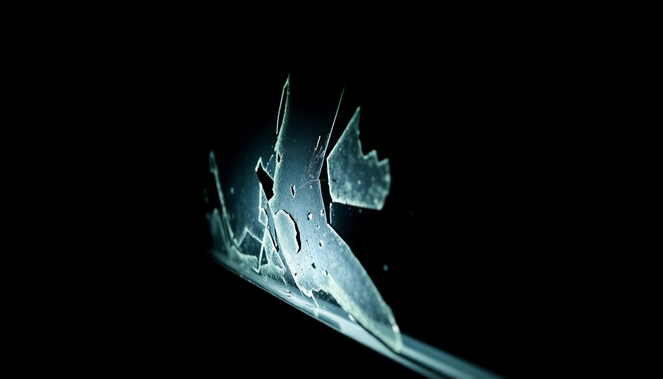 An extreme close-up photograph of a damaged car window or side mirror, capturing the harsh, gritty details of the vandalism in stark contrast against a pitch-black background, conceptually illustrating the impact on emergency response capabilities.
