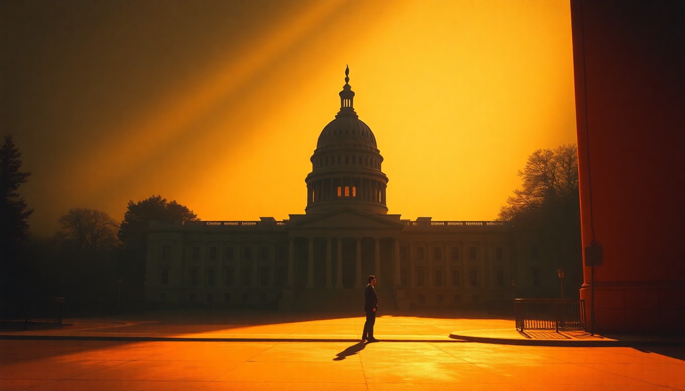 A serene, cinematic painting depicting a lone government building or political figure in a state of quiet contemplation, with warm light and deep shadows creating a pensive, nostalgic mood.