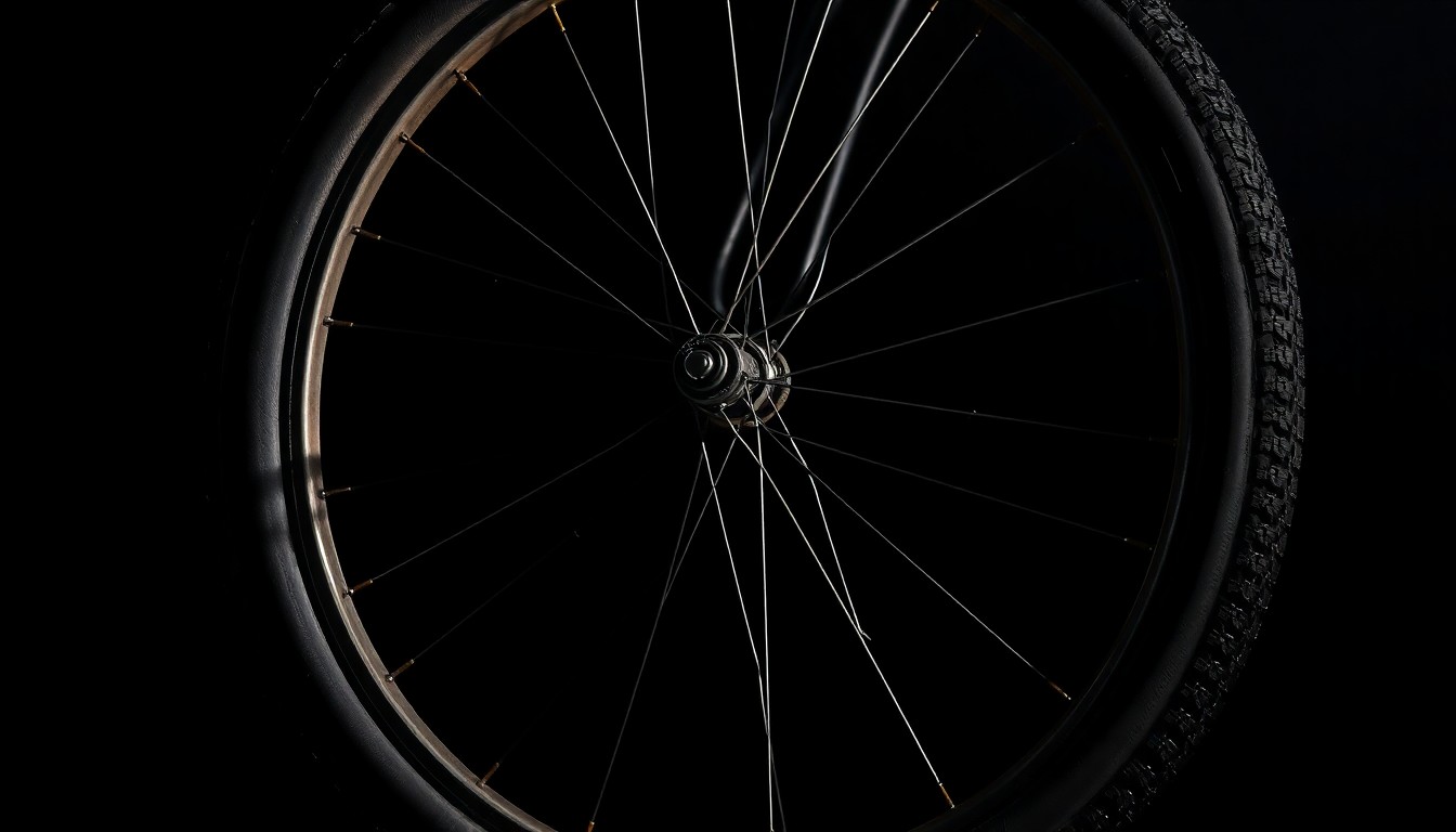 An extreme close-up photograph of a damaged bicycle wheel, its spokes bent and tire deflated, against a pitch-black background, conceptually illustrating the aftermath of a bicyclist-involved accident.