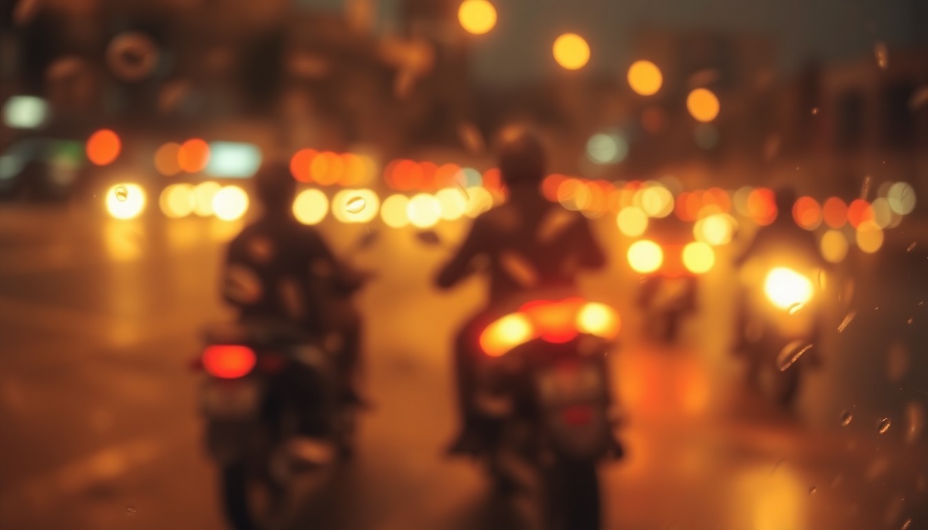 An abstract, softly-focused image of blurred motorcycle shapes and taillights in a warm, golden color palette, evoking the festive energy of a motorcycle enthusiast event.