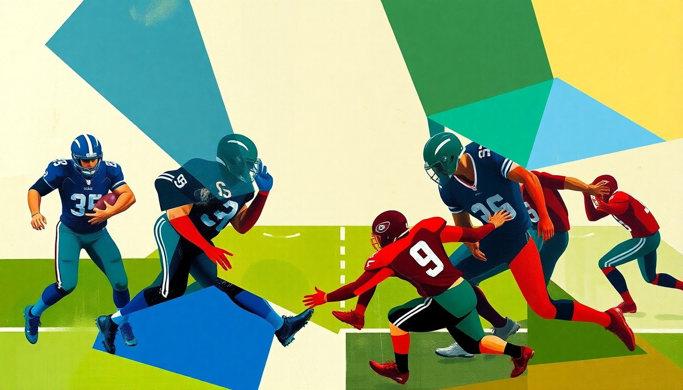 A cubist-style painting depicting the abstract forms of two football players in motion, their bodies broken down into sharp, overlapping geometric shapes in a bold color palette.