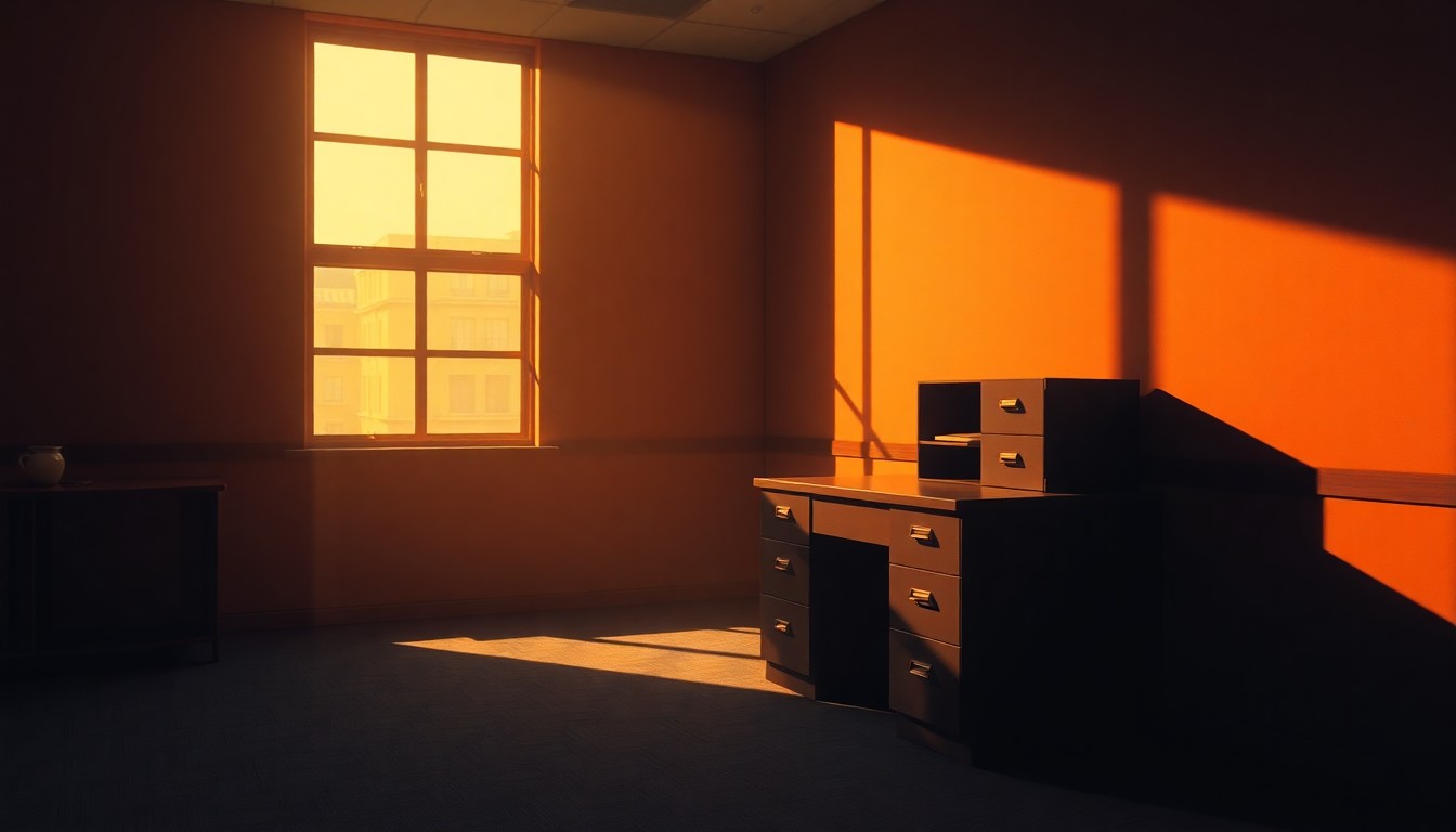 A dimly lit, cinematic painting of a simple government office desk or filing cabinet, with warm sunlight streaming in from a window and creating deep shadows across the surface, conveying a sense of quiet contemplation and the weight of public responsibility.