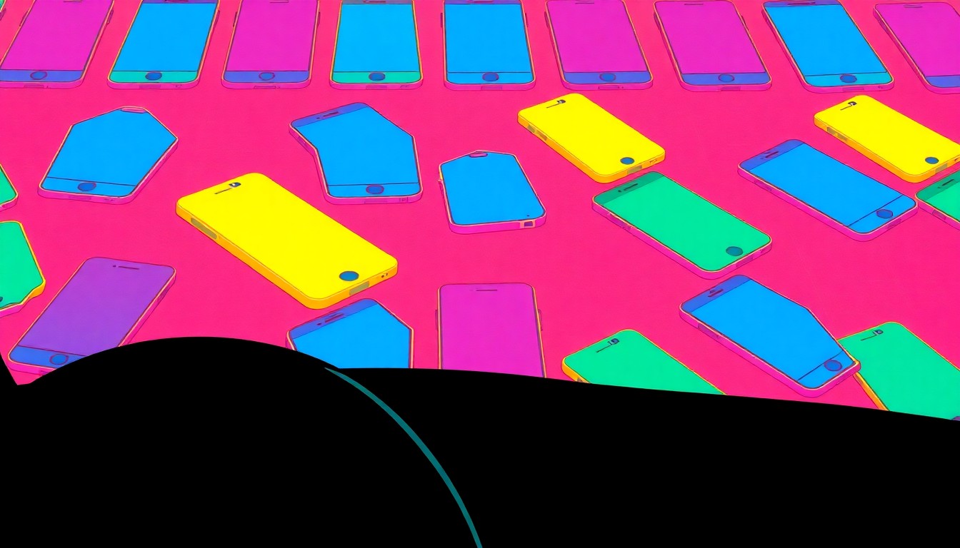 A vibrant, pop art-inspired grid of stylized smartphone icons in bold neon colors, conceptually representing the pervasive issue of distracted driving.
