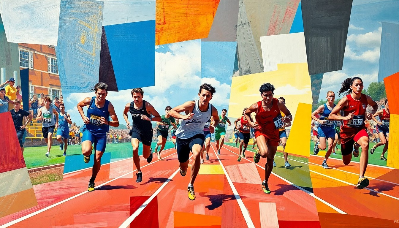 A fractured, multi-perspective painting in the cubist style, breaking down a high school track and field event into sharp, overlapping geometric planes of athletes in motion, using vibrant colors to represent the teams' uniforms.