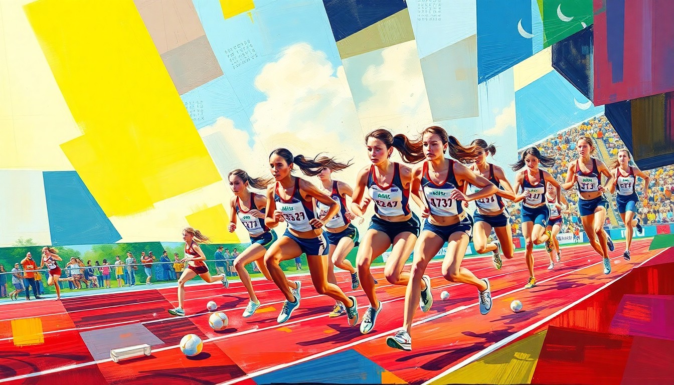 A cubist-style painting depicting a girls' track and field competition, with fragmented geometric shapes in bright colors representing the energy and motion of the athletes.