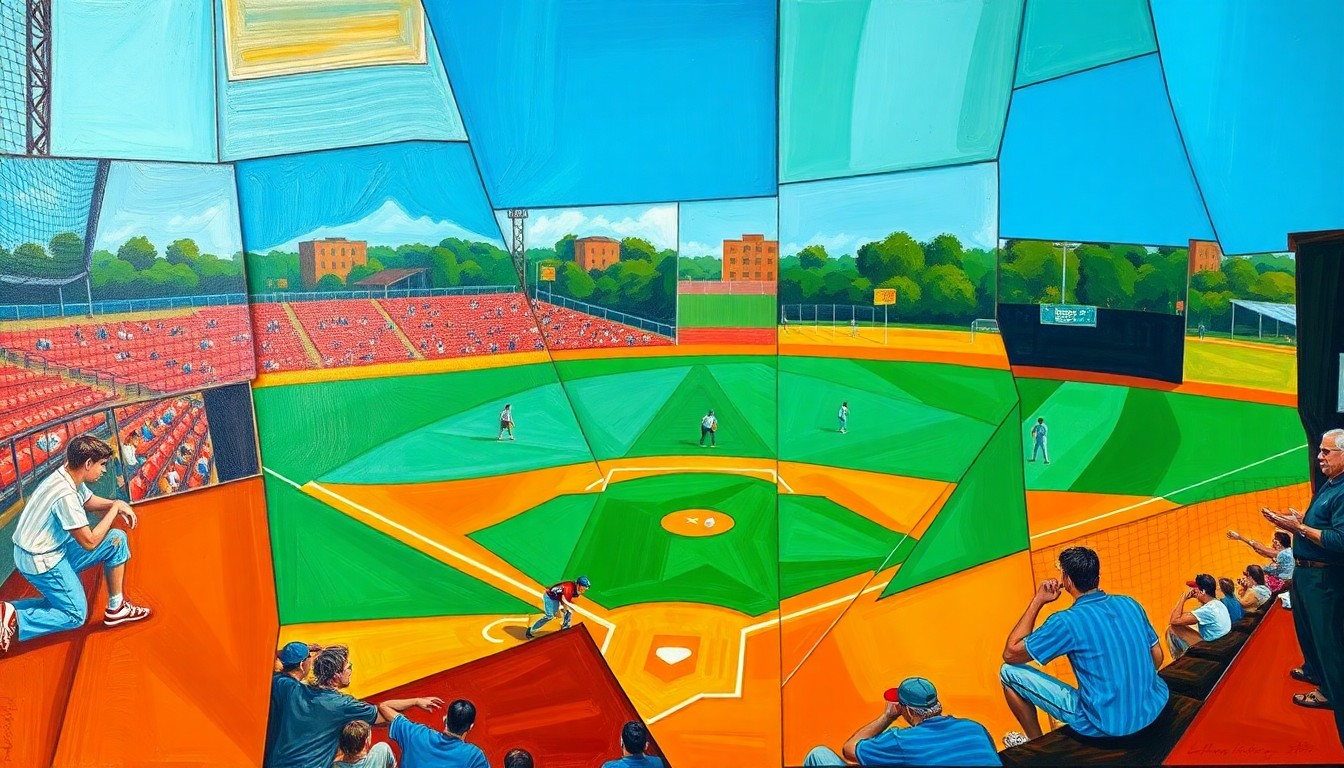 A fragmented, geometric painting in bold colors depicting the dynamic action of a softball game, with players and the field broken down into sharp, overlapping shapes.