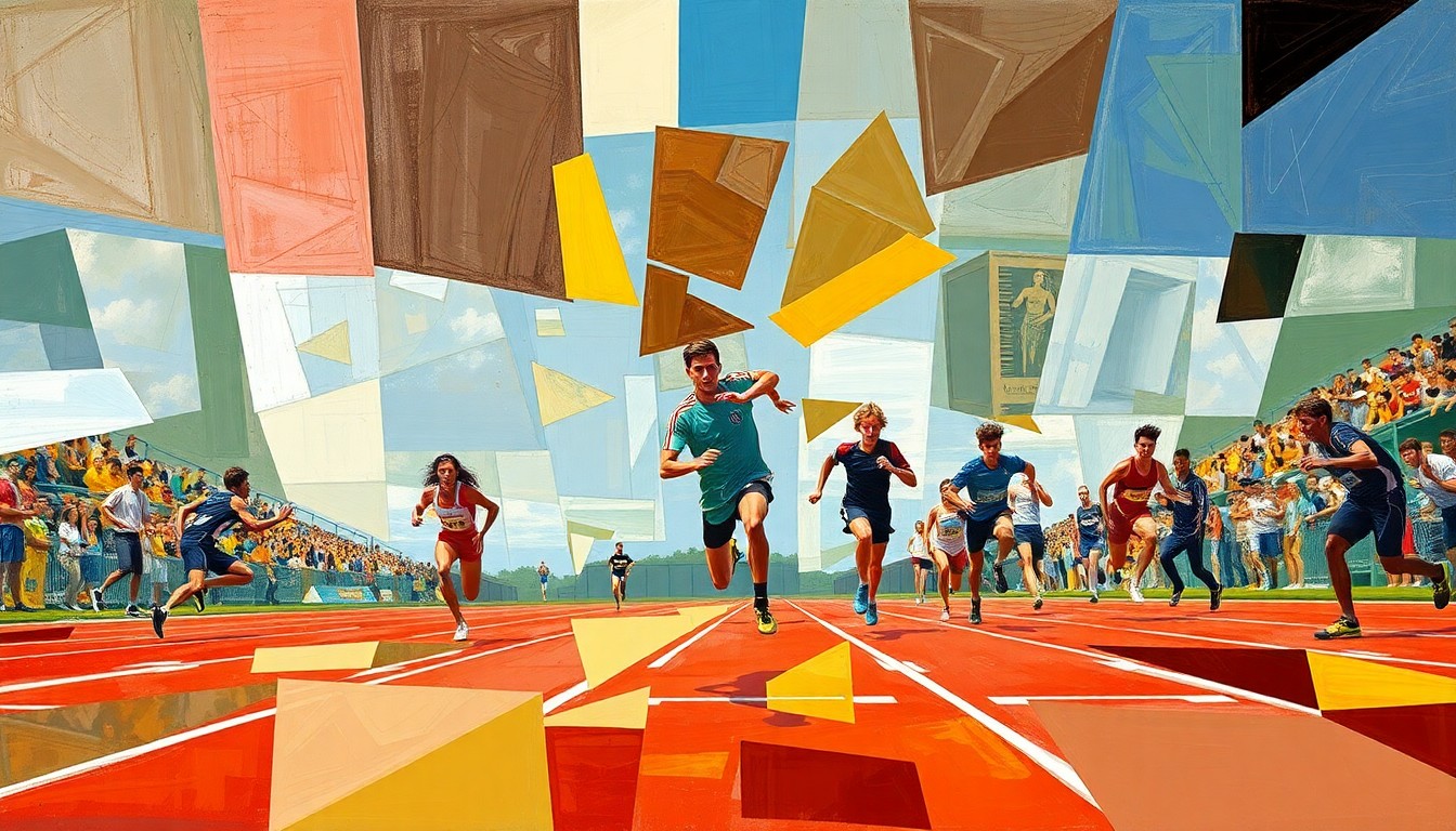 A fragmented, geometric painting depicting the overlapping movements and energy of a high school track and field competition, with no identifiable people or locations.