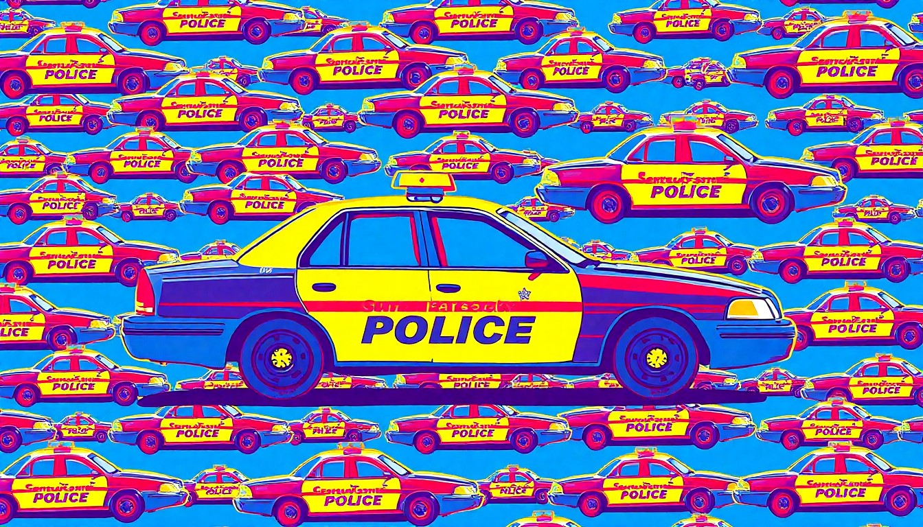 A bold, pop art-inspired illustration featuring a Kentucky State Police cruiser repeated in a grid of bright, neon-colored silkscreen prints, capturing the celebratory spirit of the Cover the Cruiser campaign to support Special Olympics Kentucky.