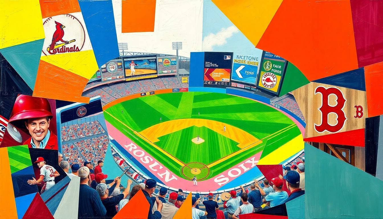 A cubist, fragmented painting depicting a baseball game between the St. Louis Cardinals and Boston Red Sox, with sharp, overlapping geometric shapes in the teams' official colors.