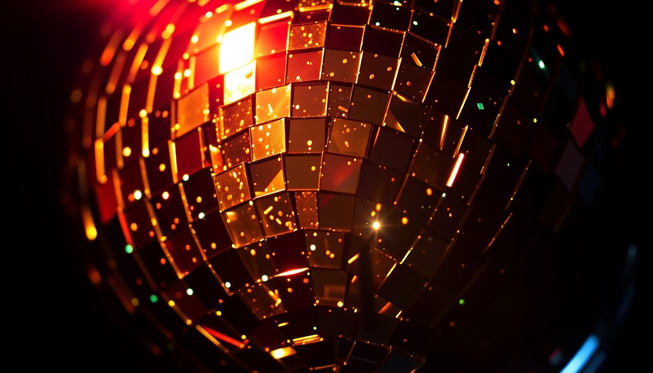 An extreme close-up photograph of shattered glass shards reflecting bright, colorful lights, creating a dazzling, abstract visual metaphor for the vibrant energy and glamour of Flowerovlove's musical style.