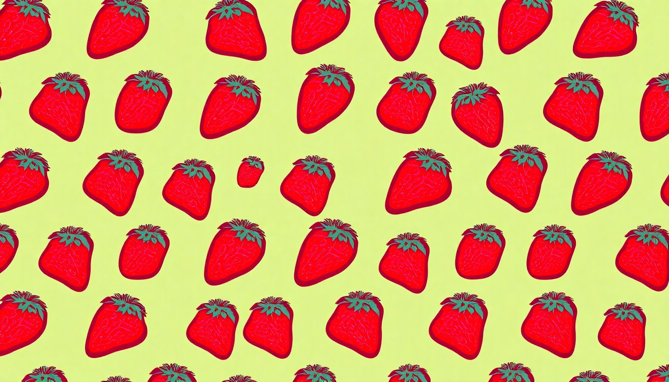 A high-contrast silkscreen print in neon pink, orange, and blue hues depicting multiple images of a single strawberry shortcake or strawberry ice cream bar item repeated in a tight grid pattern, conceptually representing the abundance and joy of strawberry season.