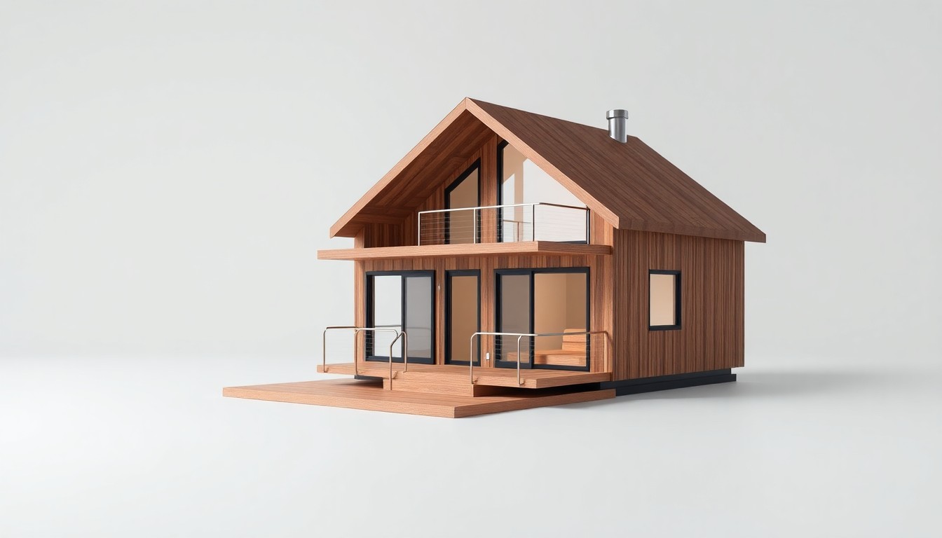A high-end, photorealistic studio still-life photograph of a sleek, modern modular home model made from polished wood and metal, arranged elegantly on a clean, white seamless background and dramatically lit to represent the efficient, customizable nature of modular construction.