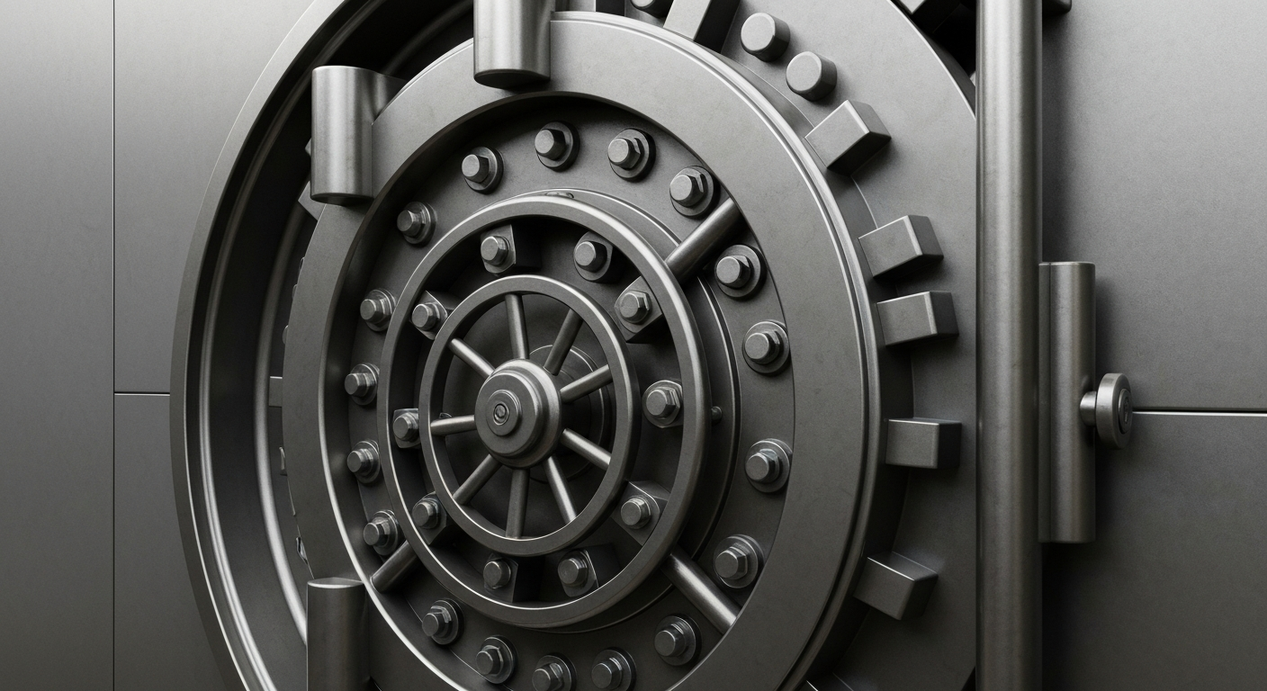 An extreme close-up of a heavy, industrial-style bank vault door, representing the secure and tangible nature of commercial real estate investments and the growing demand for bridge financing solutions.