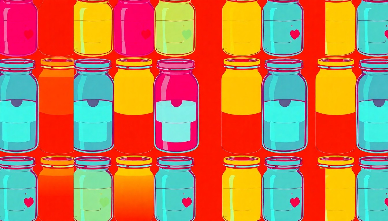 A bold, abstract grid of neon-colored baby food jars in a silkscreen pop art style, conceptually representing the streamlined design and functionality of a new compact appliance for homemade baby food preparation.