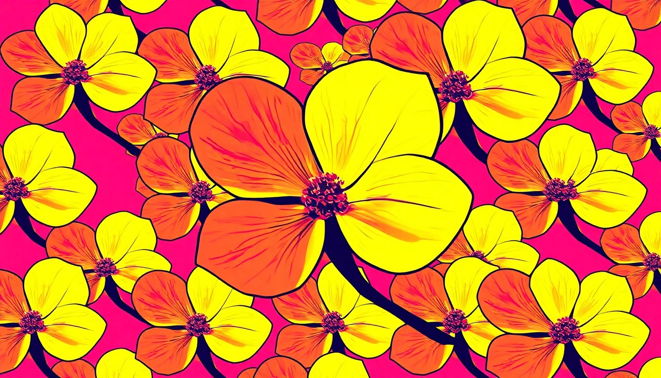 A high-contrast, silkscreen-style illustration featuring a grid of brightly colored dogwood flowers in neon shades of pink, purple, and blue, conceptually representing the joyful energy and natural beauty of the Atlanta Dogwood Festival.