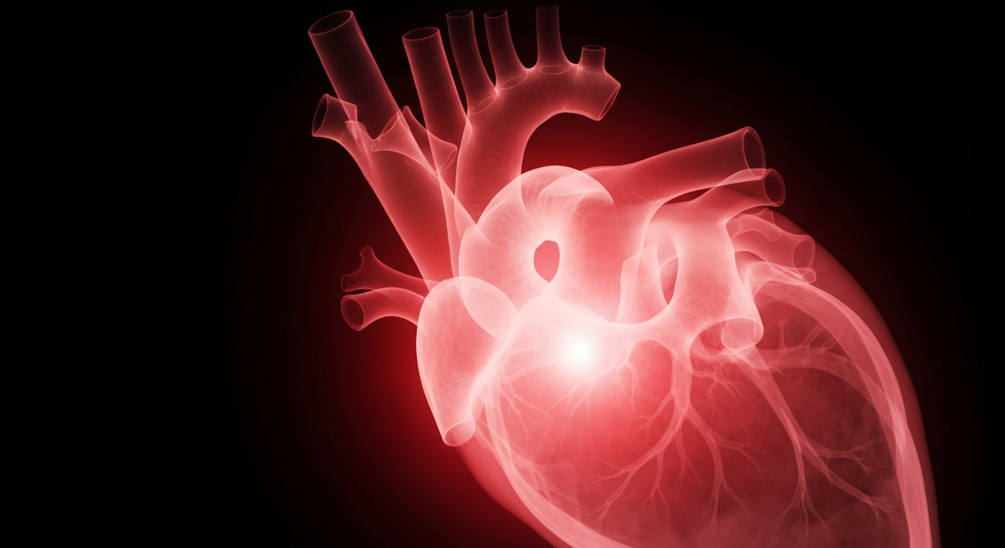 An extreme close-up X-ray photograph of a human heart, glowing with a faint red light, conceptually representing the fragility of end-of-life care.