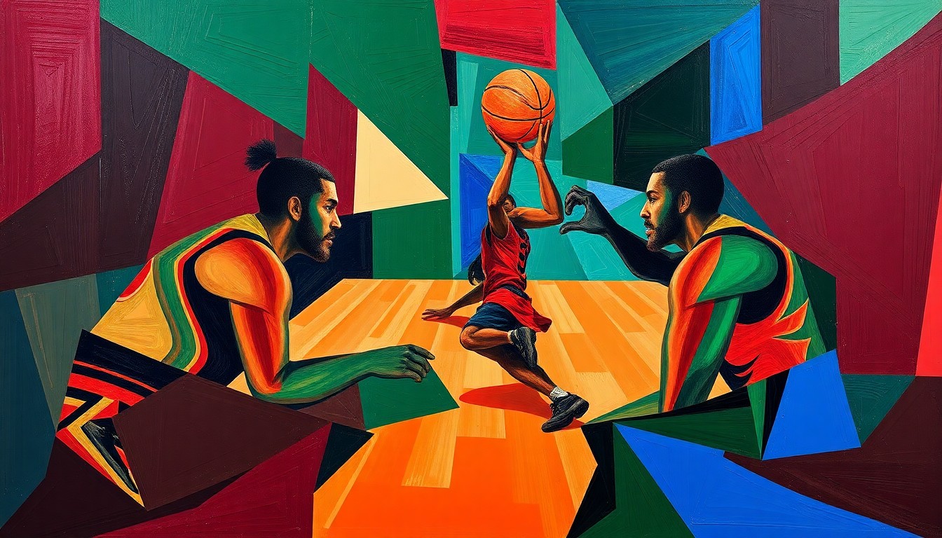 A fractured, geometric painting depicting a football player in motion, with sharp planes of color representing the power and intensity of the defensive play.