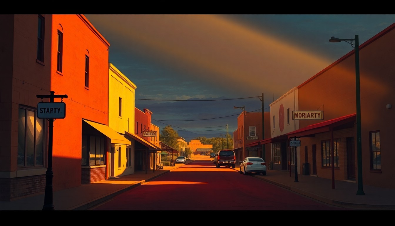 A serene oil painting of a small-town main street, with buildings in warm earth tones and long shadows cast across the sidewalk, conveying a sense of community and civic engagement.
