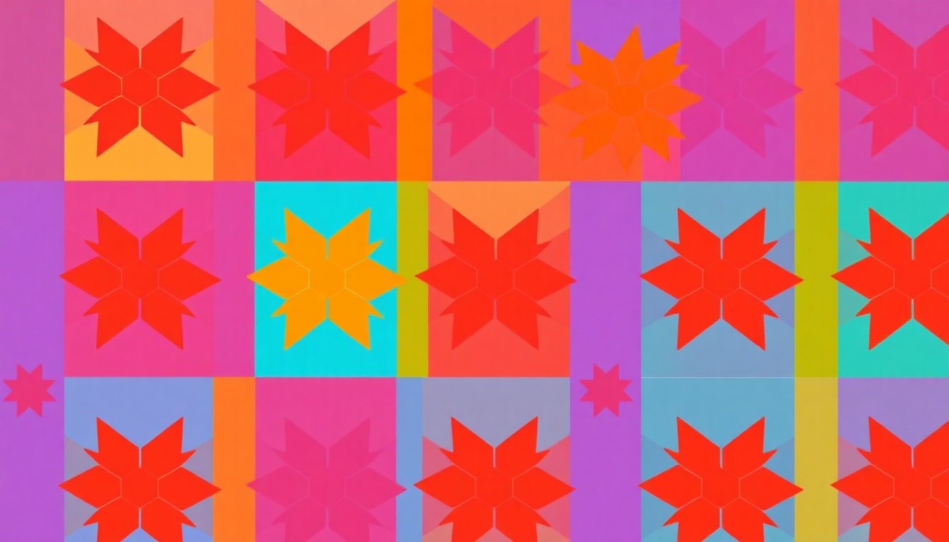 A bold, abstract silkscreen print featuring a repeated pattern of a classic quilt design in a grid of bright, neon-like colors, capturing the energy and artistry of the Festival of Quilts.