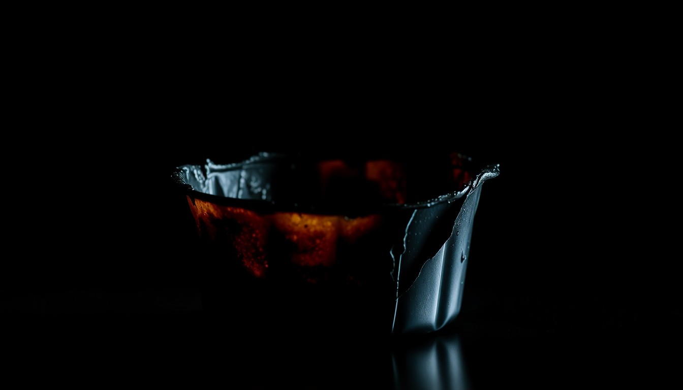 An extreme close-up of a charred, melted plastic container reflecting a harsh, direct camera flash, conceptually representing the aftermath of a suspected arson incident.