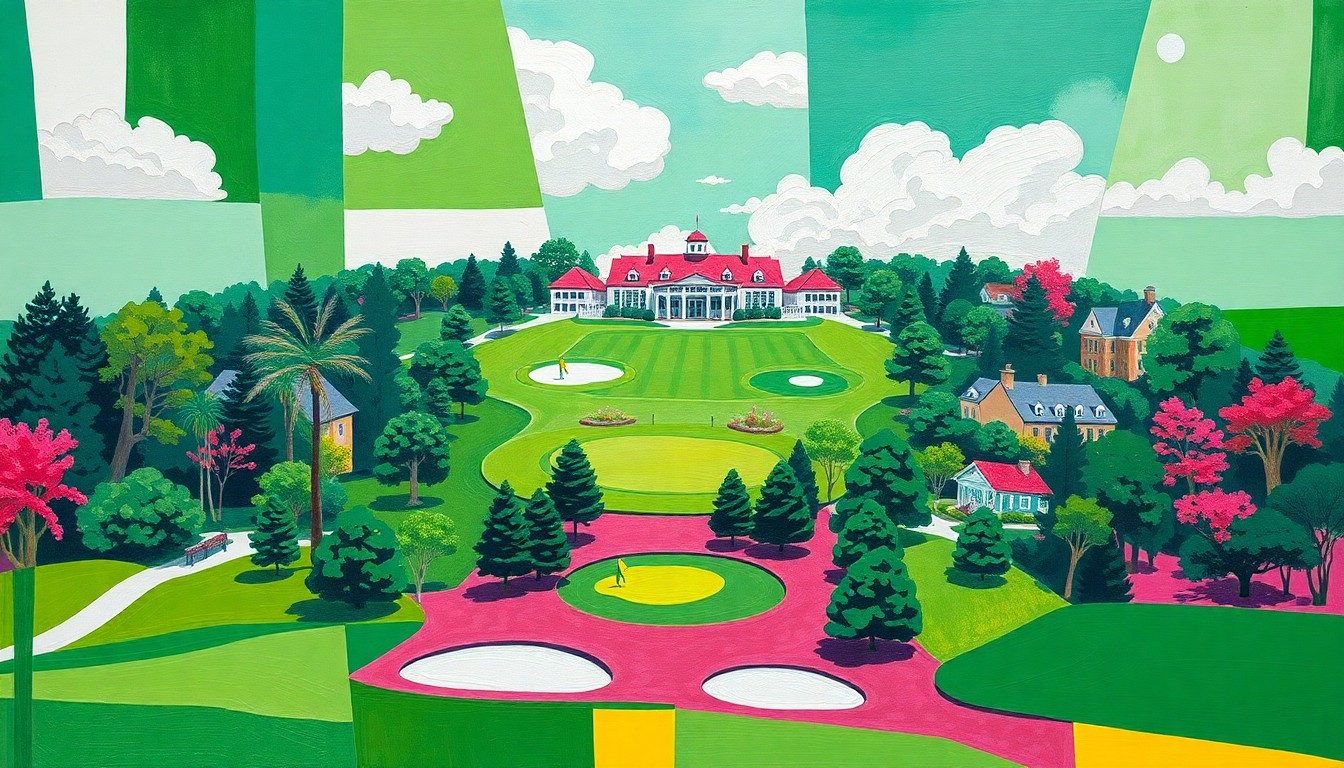 A cubist, multi-perspective painting depicting the iconic Augusta National Golf Club course in a vibrant color palette of greens, pinks, and whites, with the fairways, greens, and bunkers broken down into sharp, overlapping geometric shapes.