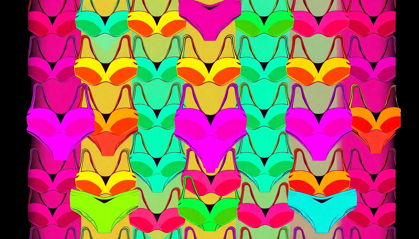 A high-contrast silkscreen print of a women's bra repeated in a grid pattern, rendered in vibrant neon colors and heavy black outlines to capture the empowering spirit of Vivian Wilson's modeling career.