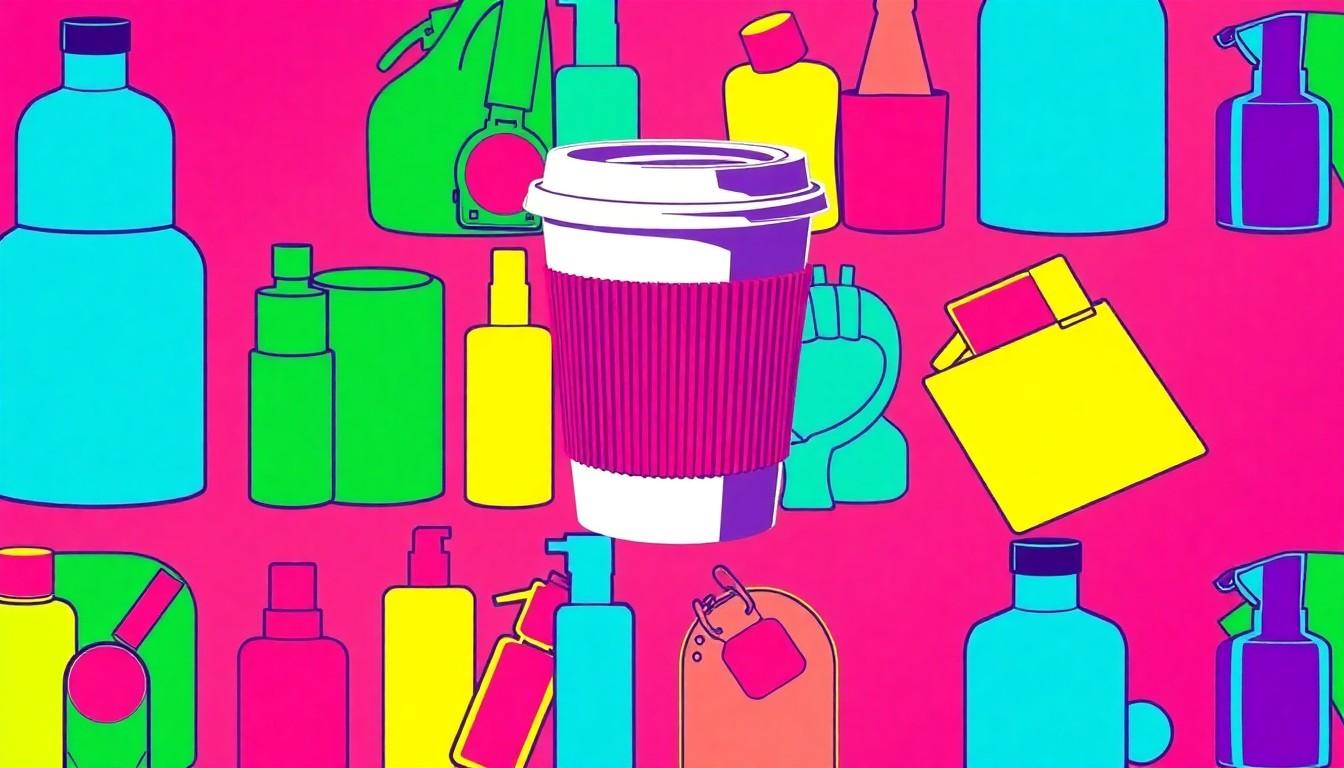 A brightly colored, high-contrast silkscreen print of a single, iconic lifestyle object like a coffee cup or makeup palette repeated in a tight grid pattern, utilizing flat, vibrant neon colors and heavy black outlines to transform everyday consumer items into modern pop art.