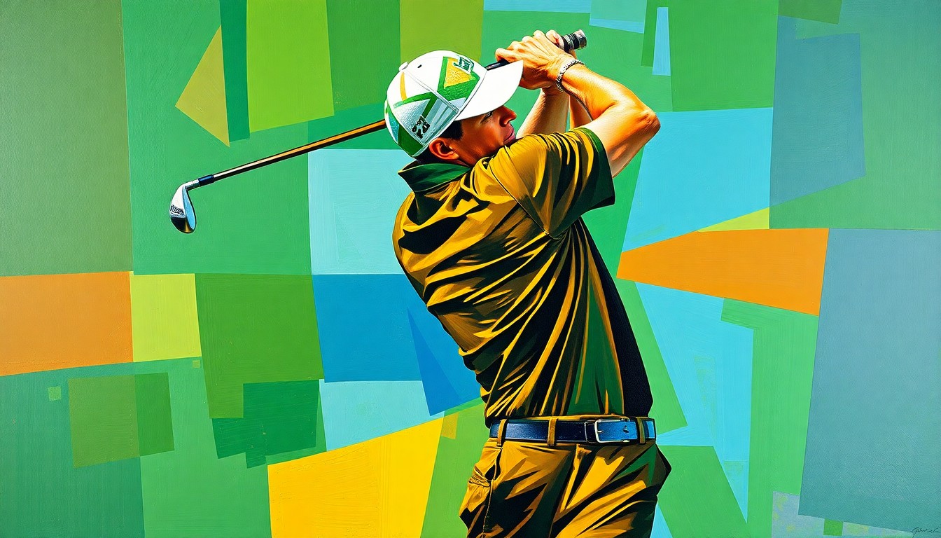 A cubist, geometric painting depicting Rory McIlroy's golf swing and equipment in overlapping, fragmented planes of color, conceptually representing the strategic adjustments required to excel on Augusta National's firm, challenging greens.