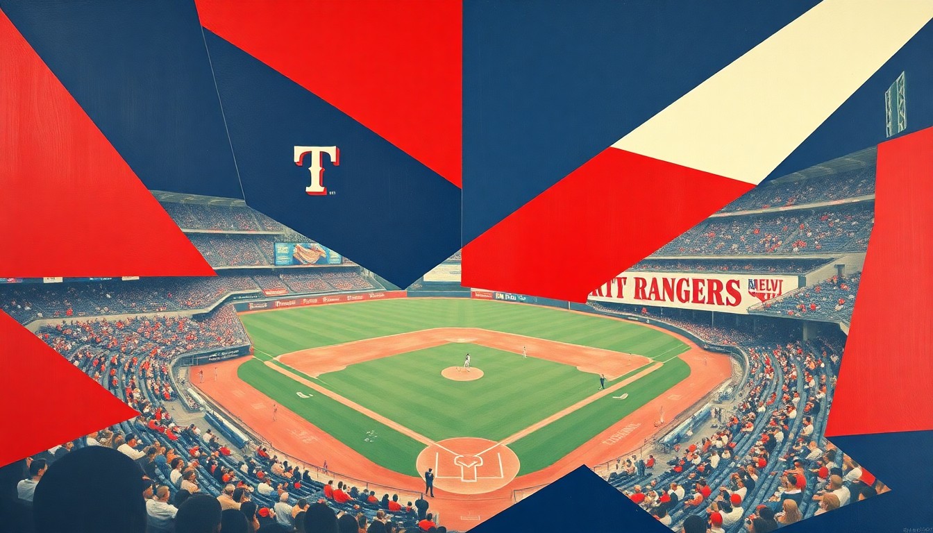 A fragmented, geometric painting in shades of red, blue, and white, capturing the visual energy of a baseball game but with the players and field broken down into abstract, overlapping shapes, reflecting the disconnect between the Rangers' uniform design and the team's actual diversity.