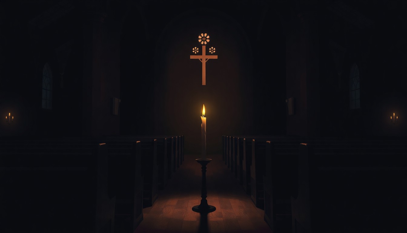 A dimly lit church interior with a single candle flickering in the foreground, casting long shadows across the pews, creating a contemplative and somber mood.
