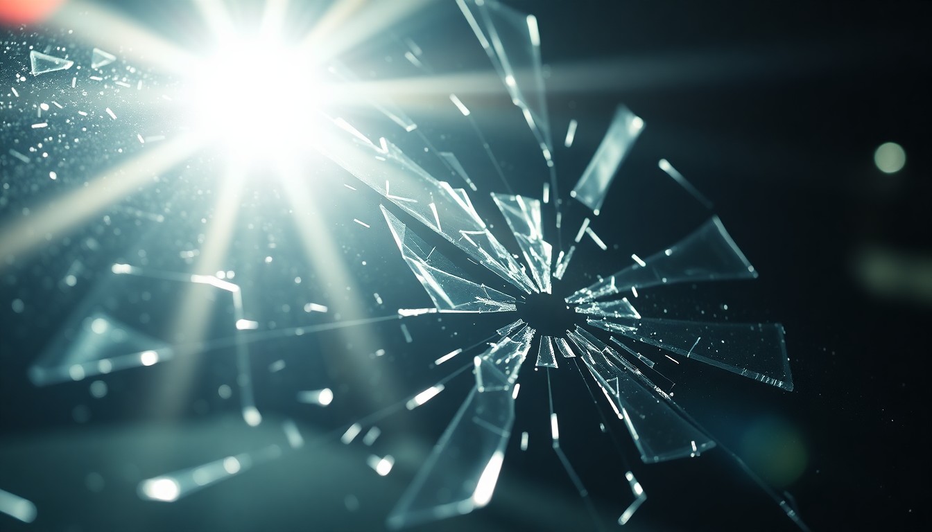 An extreme close-up photograph of a shattered car windshield reflecting the harsh light of a camera flash, conceptually representing the violence of this tragic crime.
