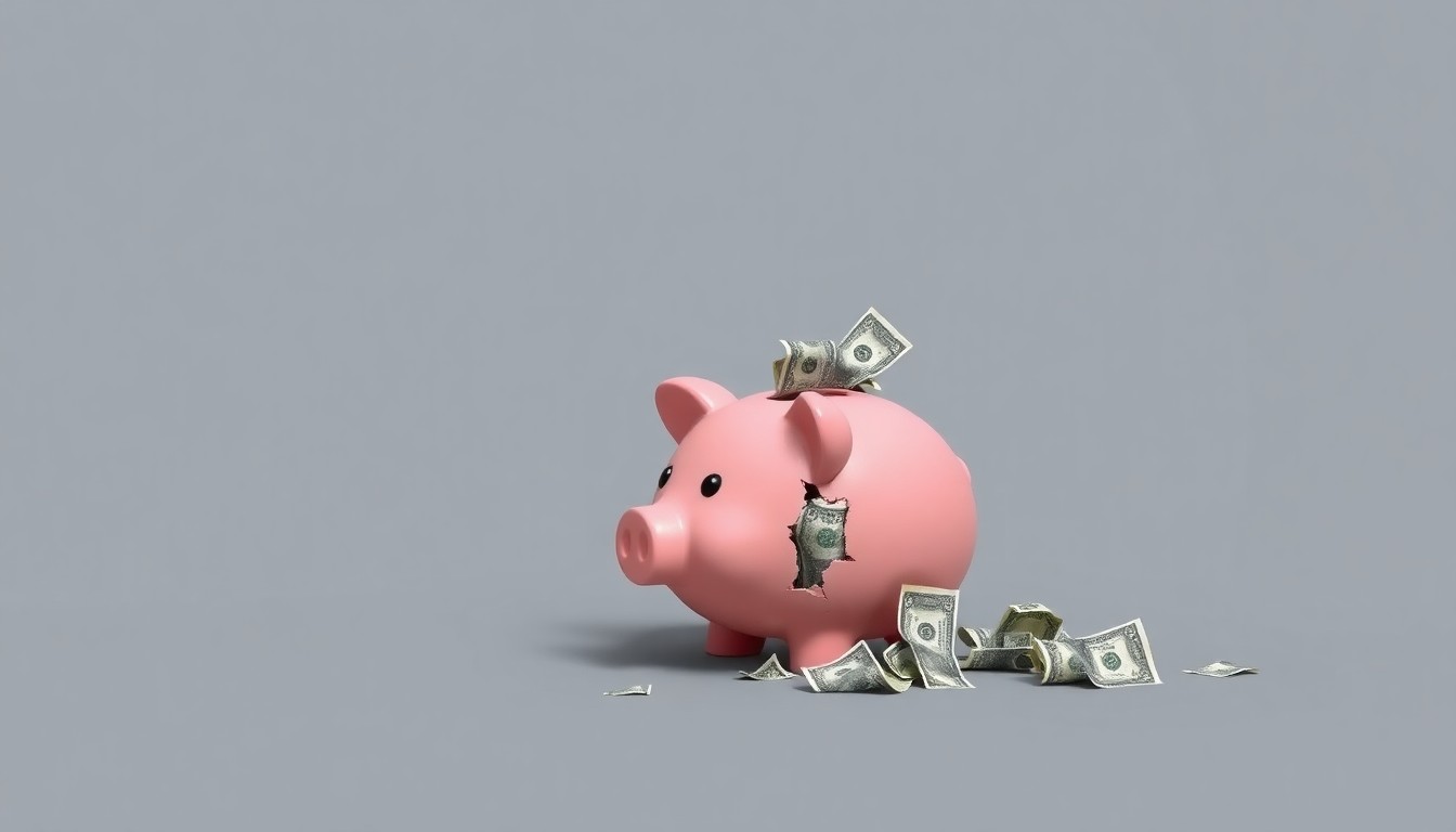 A high-contrast studio photograph of a cracked open piggy bank spilling out crumpled dollar bills, representing the financial reporting failures and loss of investor trust in Driven Brands.