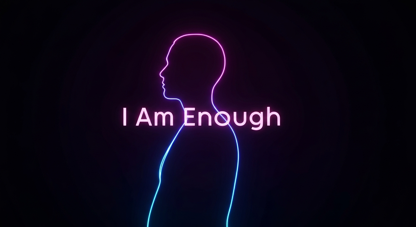 A minimalist design in the style of Keith Haring, where a person's silhouette is defined entirely by glowing, vibrant neon lines against a deep, dark background, emphasizing the shape and energy of the mental health journey.